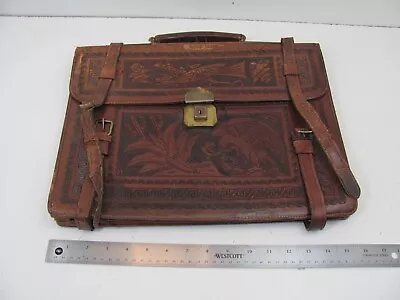 Vintage 1950's Leather Briefcase Hand Tooled Embossed Aztec Mexico Portfolio Bag • $43.34