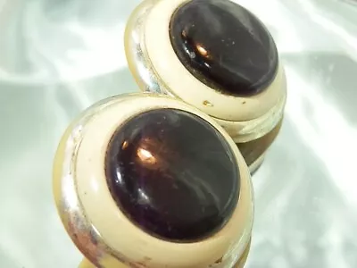 £17.30 • Buy Chunky Black White Mellow Gold Tone Lucite Vintage 60's Clip Earrings 678j3
