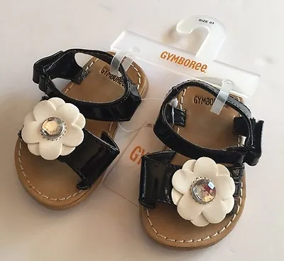 NWT Gymboree Bee Chic Sz 03 Black Patent Daisy Gem Flower Sandals For 6-12 Month • $17.95