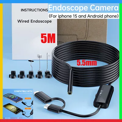 5M Snake Endoscope Inspection Camera 5.5mm 8 LED Light For IOS IPhone Android • £22.99