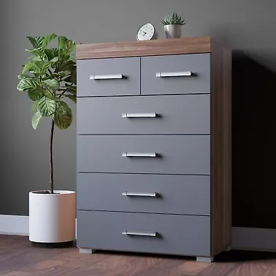 Chest Of 4+2 Drawers In Grey & Walnut Bedroom Furniture Modern 6 Drawer * NEW * • £86.95