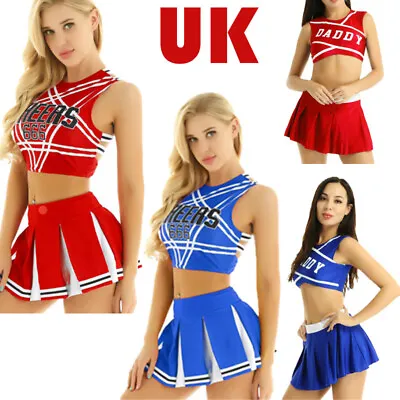 UK Women Schoolgirl Uniform Crop Top Pleated Skirt Cheer Leader Cosplay Costume  • £15.59
