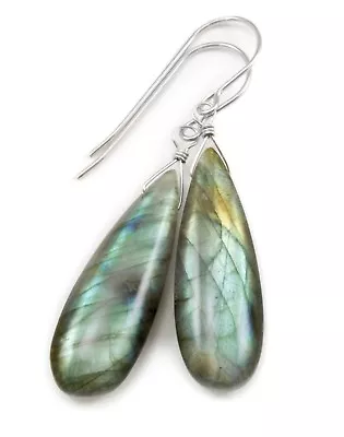 Labradorite Earrings Smooth Long Teardrops Simple Dangle Drops 14k Gold Sterling • $59