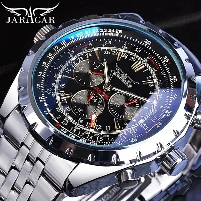 JARAGAR Automatic Mens Watch Luxury Chronograph Watches For Men Steel Watch Mens • £29.98
