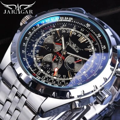 JARAGAR Automatic Mens Watch Luxury Chronograph Watches For Men Steel Watch Mens • £29.98