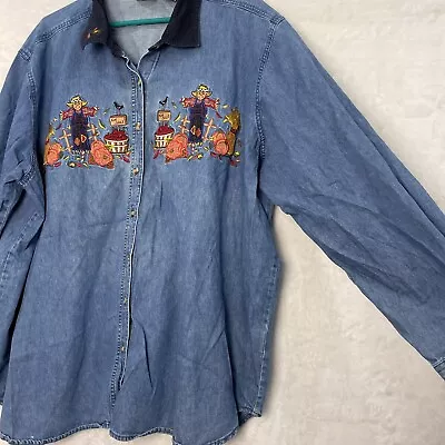 VTG Bobbie Brooks Women 26W28W Plus Denim Embroidered Pumpkin Corduroy Collar • $24.90