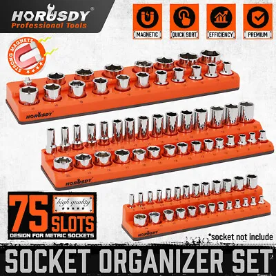 3pc Magnetic Metric Socket Organizer Storage Holder Set 1/4 3/8 1/2 Drive 75slot • $25.89