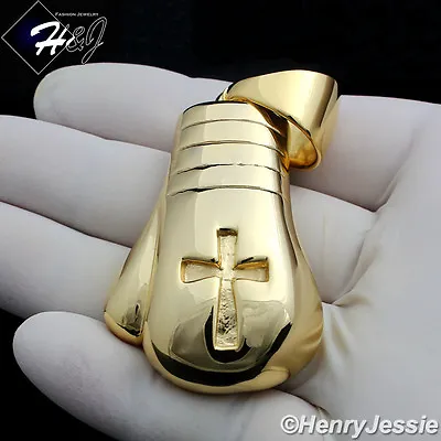 MEN Stainless Steel Gold Plated HEAVY JUMBO 3D Boxing Glove Cross Pendant*GP79 • £18.33