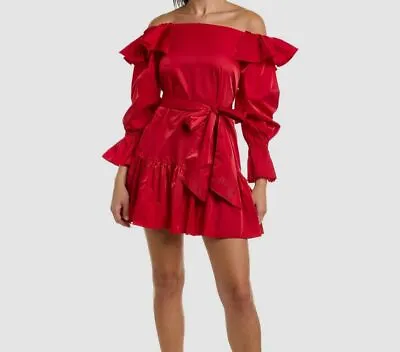 $395 Zac Posen Women's Red Off Shoulder Tiered Taffeta Mini Dress Size 12 • $126.78