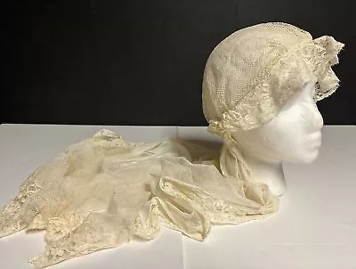 Antique 1920's Bridal Juliet Cap Veil Wedding Skull Cap Net Tulle Lace • $56.95