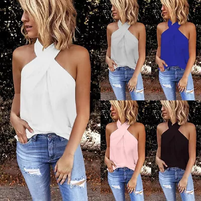 £9.19 • Buy Womens Halter Neck Tank Tops Vest Ladies Sleeveless Casual Plain Summer T-Shirt