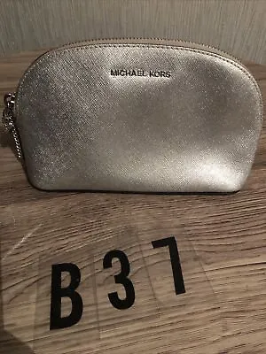 MICHAEL KORS MAKE UP BAG LEATHER TRAVEL POUCH COSMETIC CASE JET SET Silver Glitt • £20