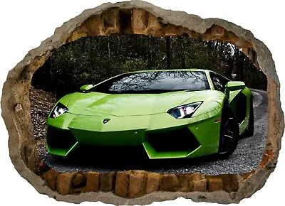 Super Sports Car Racing Green 3d Smashed Wall View Sticker Poster Decal Z496 • £10.99