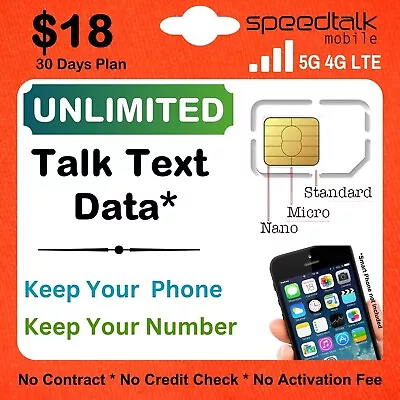 Speedtalk Mobile Preloaded Phone Plan + SIM Card Unlimited Talk Text & Data • $18