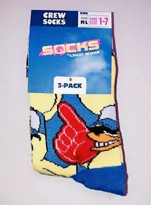 CRAZY BOXER Duck And Parrot Crew Socks (3 Pack) Kids Sock Size 1Y-7Y Med-LRG • £9.30