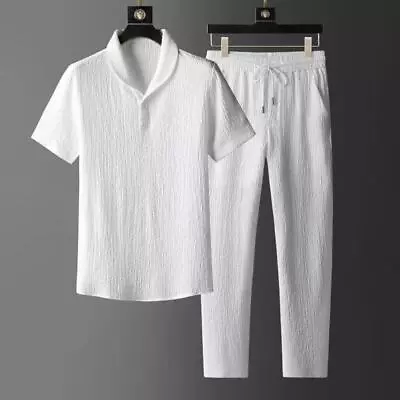 Men's Spring Summer Short Sleeve Casual Suit Slim Two-piece Set Drawstring Pants • $25.99