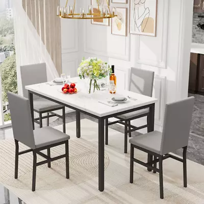 Dining Table Set For 4 Modern 5-Piece Kitchen Table Set With Faux Marble Top An • $262.26