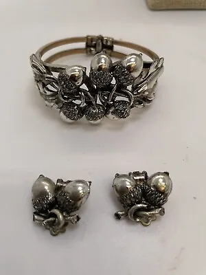 Vintage Acorn Leaf Bracelet 7” Earrings 1” Matching Silver Tone Hinged 3D • $18