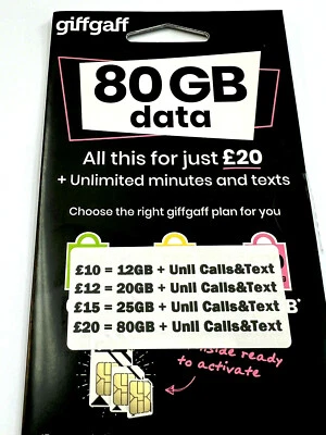 £0.99 • Buy Giff Gaff Sim Card With Credit Pay As You Go £5 Standard Micro Nano 4G Unlimited