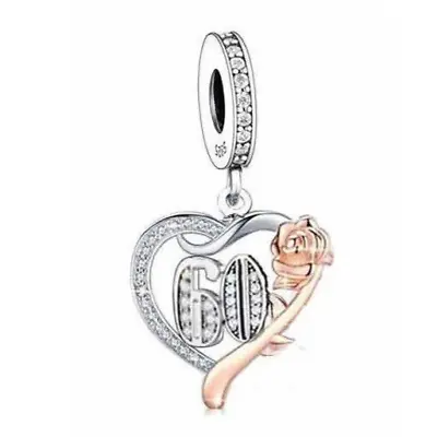 60 Years 60th Birthday Anniversary Rose Heart Dangle Charm Sterling Silver 925 • $34.52