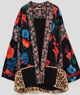 ZARA Patchwork Velvet Embroidered Faux Fur Kimono - M-L-XL Floral Leopard Jacket • $87.02