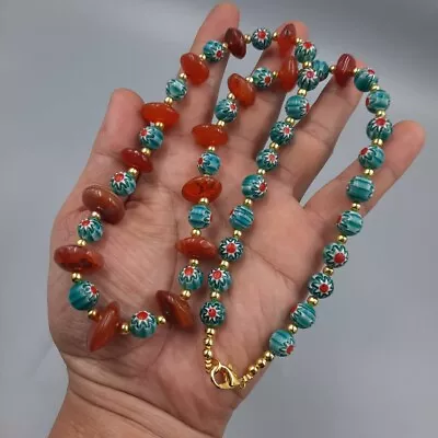 Excellent Vintage Mosaic Glass With Agate Stone Rare Beads Necklace  • $80