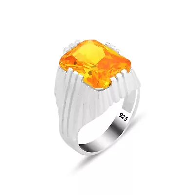 925k Silver Citrine Stone Ring  Men Square Citrine Ring Yellow Stone Ring • $59