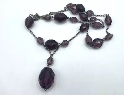 Early Vintage Jewellery Purple Facet Glass Bead Wire Chain Link Necklace • £16