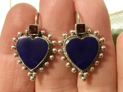 Lapis Lazuli Garnet 925 Sterling Silver Heart Earrings • $49.99