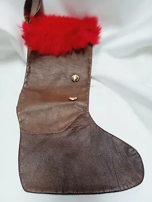 Vintage Fine Brown Leather Christmas Stocking Red Rabbit Fur Gold Buttons 14   • $15.99