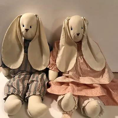 Vintage Pair Folk Art Cloth Rabbits Muslin Bodies 19” Boy Girl • $25