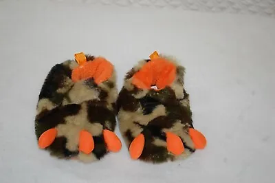 Baby Boys Slippers MONSTER FEET Faux Fur GREEN BROWN CAMO Orange Claws SIZE 5 • $10.99