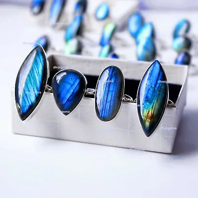 10pcs Labradorite 92.5 Silver Plated Adjustable Rings Wholesale Gemstone Rings • $32.99