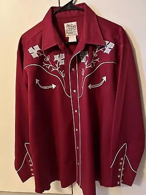 60's H BAR C California Ranchwear Burgundy El Dorado Pearl Snap Shirt 17.5 (XL) • $95