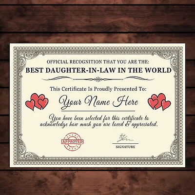 Personalised 'Best Daughter-In-Law In The World' Certificates Gift/Print • £5.49