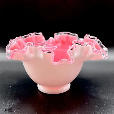 Fenton Milk Cased Glass Peach Blow Pink Silver Crest Ruffled Crimped Bowl 6  • $20