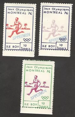 (AOP) France ILE ROY Local Fantasy Stamps - MONTREAL OLYMPICS Ovpt SPECIMEN (3) • £14.25