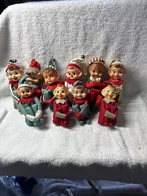 Vintage Rubber Face/Felt Knee Hugging Pixie Christmas Ornaments Lot 10 Japan X87 • $38.99