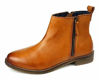 Womens Ankle Boots Low Mid Leather Tan Brown Chelsea Zip Up Size 4 5 6 7 8 9 • £39.99