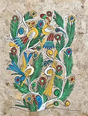 Vintage Mexican Folk Art Amate Bark Acrylic Painting Bright Colors Birds Flowers • $108.18