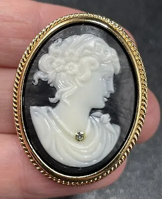 AVON Signed Vintage Black Cameo 1.5” Brooch Pin Crystal Rhinestone • $4.99