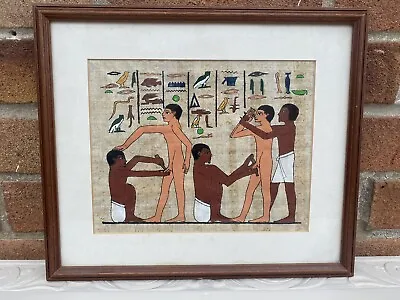 Vintage Egyptian Papyrus Painting Hand Painted Hieroglyphics Framed • £60