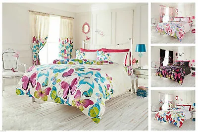 Butterfly Floral Duvet Quilt Cover & Pillow Case Bedding Set Black Pink Rainbow • £0.99