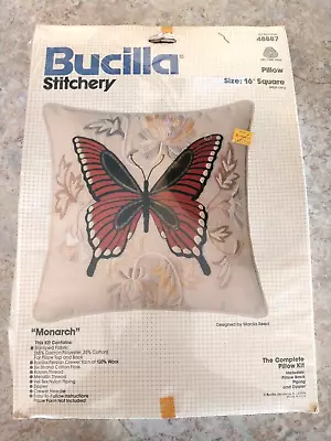 Vintage Bucilla Stitchery 16” Square Pillow Kit Monarch Butterfly BN #48887 • $17.85