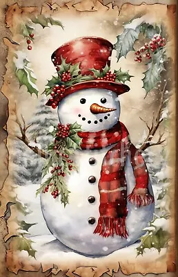 Vintage Victorian Christmas Snowman & Holly #5 Craft Sewing Cotton Fabric Block • $14.80