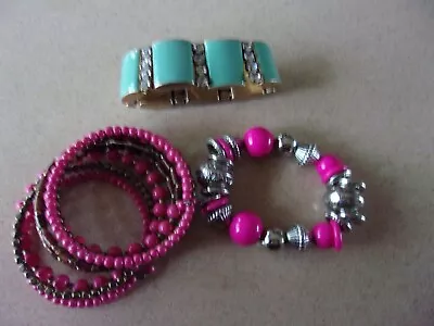 LOT  3 Bracelets  Green J Crew Rhintone 1 Pink Bead 1 Wrap Multi Strand Bead BA2 • $6