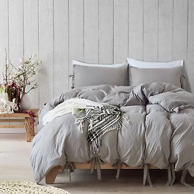 Soft Solid Gray Bowknot Duvet Doona Quilt Cover Set King Size Bedding Pillowcase • $16.99
