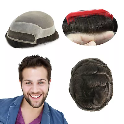 Mens Lace Front Toupee Human Hair Replacement System Black Hairpiece 8x10 #1B • £83.99