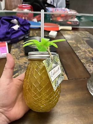 Pineapple Shaped Glass Cocktail Drinking Mason Jar Tumbler W/ Straw • $9.99