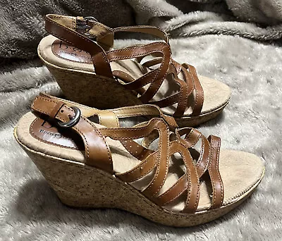 BOC Born NILSA Brown Leather Wedge Strappy Sanda Shoes C55841 Womens Size 8M • $15.99